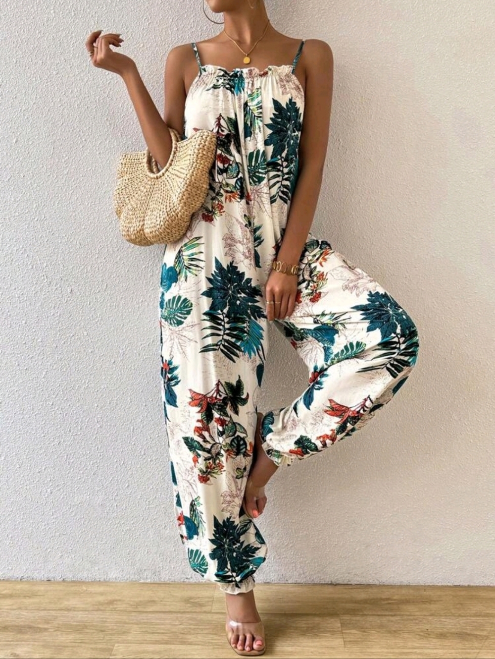 Tropical Print Jumpsuit | Floral Wide Leg Summer Romper Boho Vacation Outfit